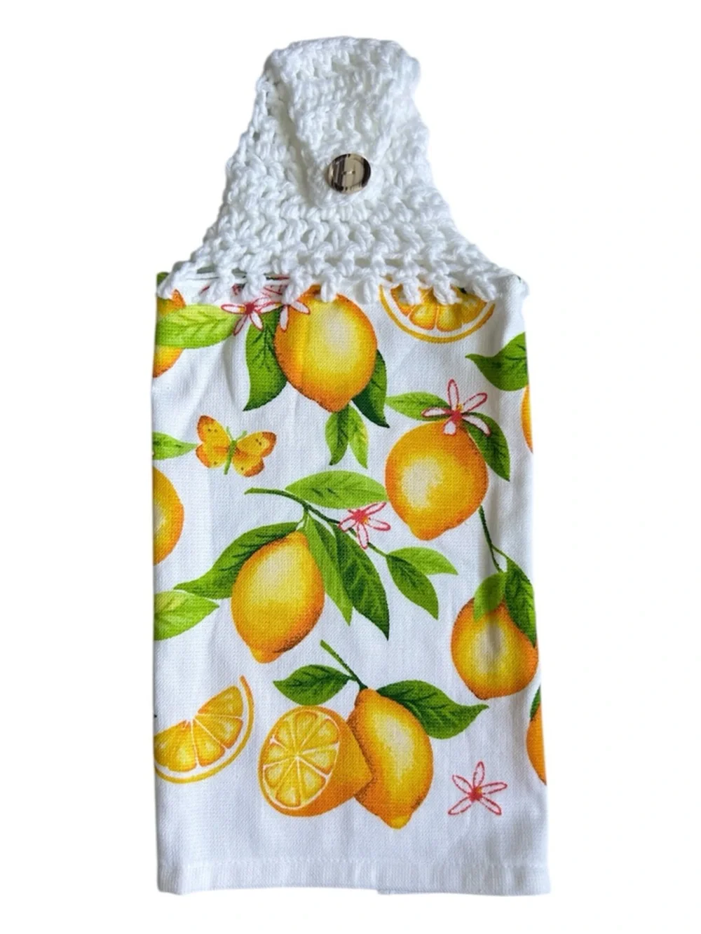 Hand Crafted Lemon Print Hanging Kitchen Towel - White, Yellow, Green